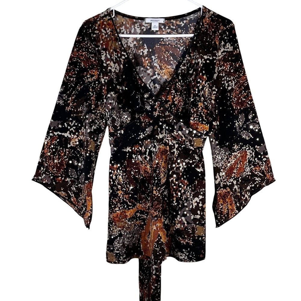DressBarn‎ Womens XL Fairygrunge Brown Gold Glitter Abstract Vneck Top Back Tie
